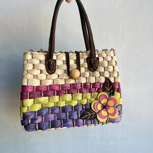 Vintage Handmade Women's Woven Straw Shoulder Bag Purse Beach Bag Leather Handle